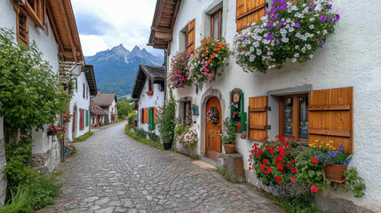 A cozy Swiss village featuring charming wooden houses and vibrant flowers, captured in high fidelity.