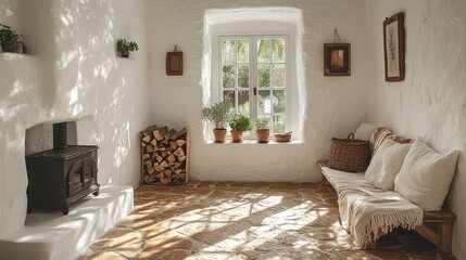 Sunlit Spanish countryside cottage room with wood stove and seating area