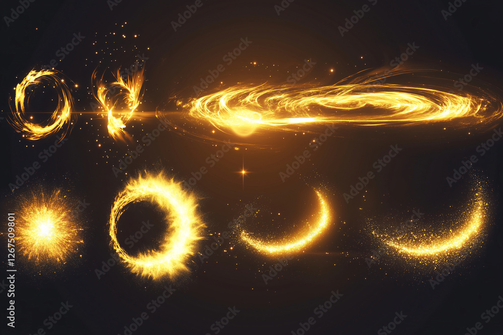Poster series of yellow fireballs and circles are shown in a black background. the fireballs are arranged i