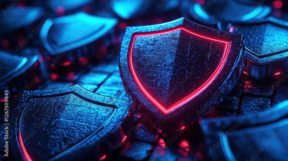 Poster futuristic high-security underground data vault features glowing blue and red cyber shields protecti