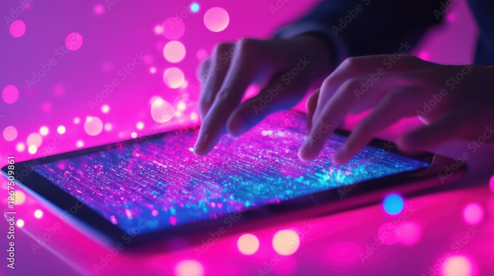 Poster close up of businessman hand using tablet with abstract coding and digital web hologram on pink back