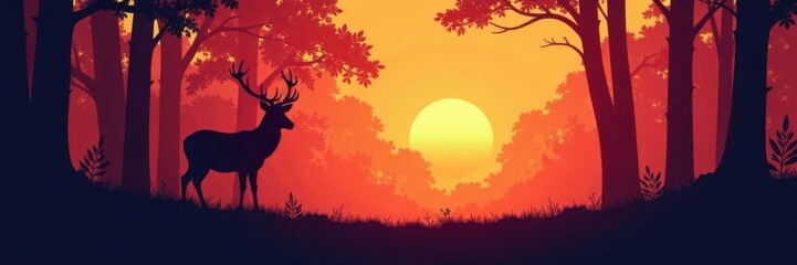 Vector silhouette of a deer in the woods at sunrise , vector, pattern, silhouette
