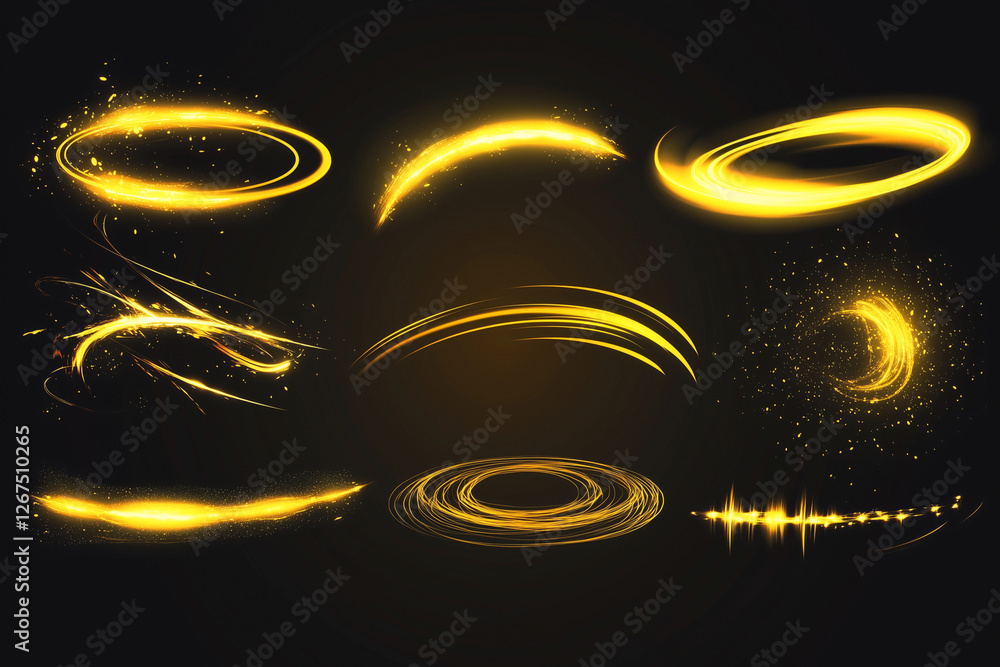 Poster set of golden circles and lines that are scattered across a black background. the circles and lines 