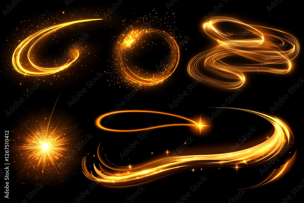 Poster series of bright yellow and orange sparks and swirls are shown on a black background. the sparks and