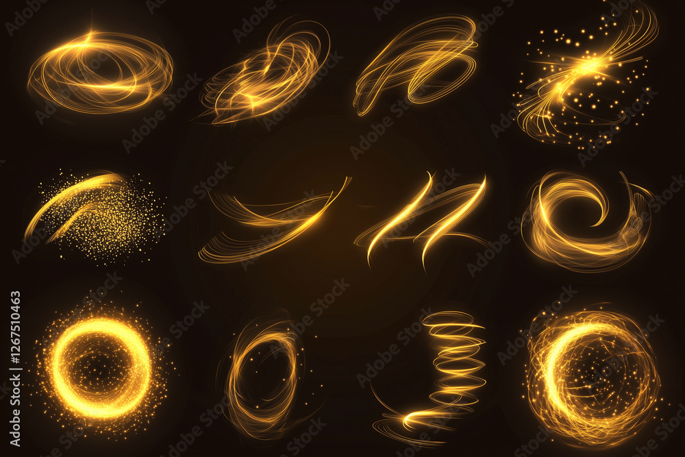 Poster set of gold and yellow swirls and circles. the circles are of various sizes and the swirls are of di