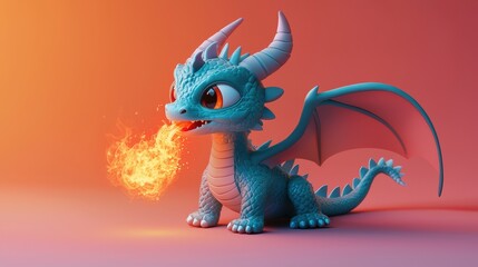Cute Blue Dragon Breathing Fire with Colorful Background