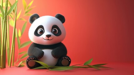 Naklejka premium Cute cartoon panda sitting among bamboo shoots with red backdrop