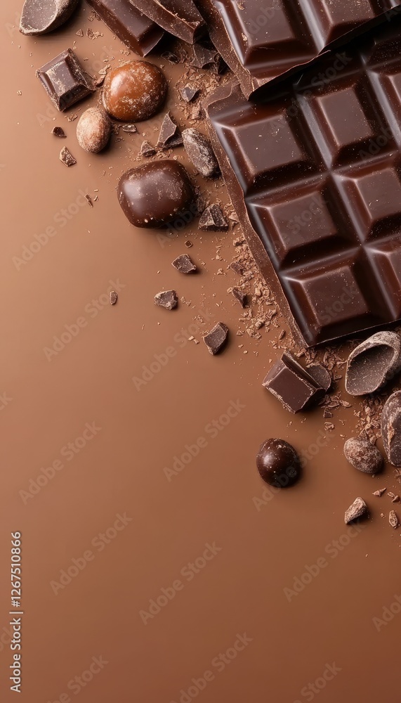 Poster gourmet chocolate arrangement dark indulgence with truffles and cocoa nibs on brown background