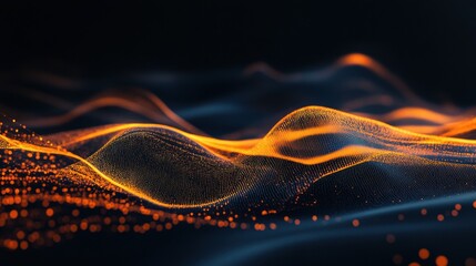 Abstract technological backdrop with glowing waves and geometrical figures and empty space for your logo on dark background. Mockup, 3D rendering