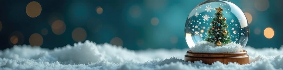 Miniature snow globe containing a small Christmas tree and snowflakes, snowflakes, festive