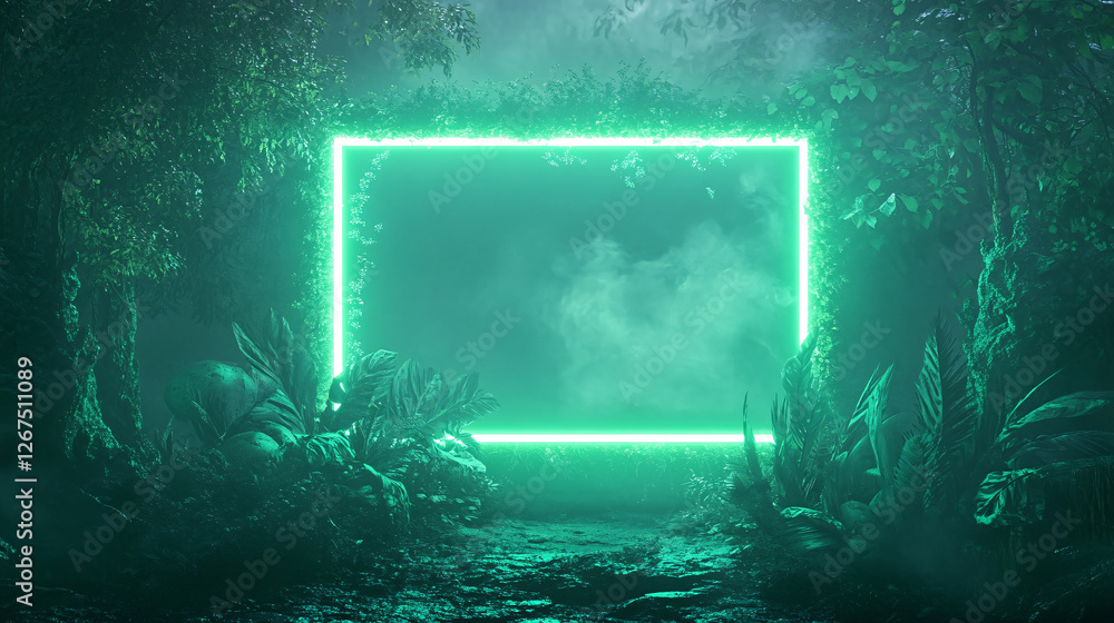Poster a bright green neon rectangle floats in a dense jungle with mist surrounding it creating a surreal f