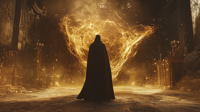 Mysterious cloaked figure stands before a swirling golden magical portal in an ornate, dimly lit hall filled with ancient decor - Powered by Adobe