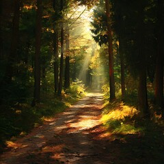 Obraz premium Sunlit Forest Path with AI Generated Detail