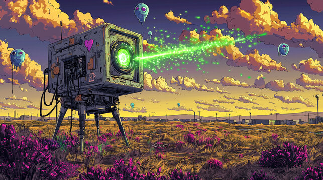 Futuristic robotic machine with glowing green laser in a surreal alien landscape with floating creatures and vibrant flora