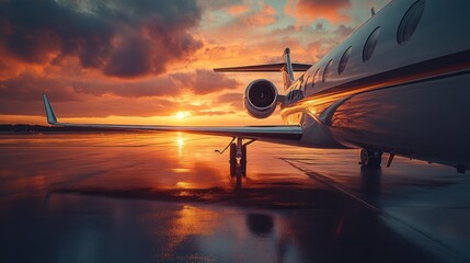 Private jet on tarmac at sunset, dramatic clouds reflecting in wet runway