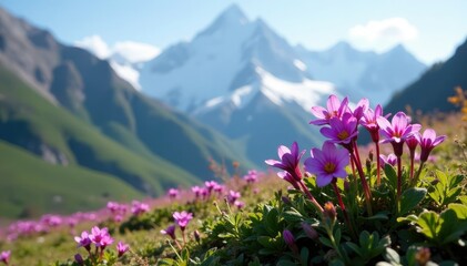 Obraz premium Purple saxifrage in full bloom against a backdrop of snow-covered mountains, Purple saxifrage, Blooming flowers, Botany