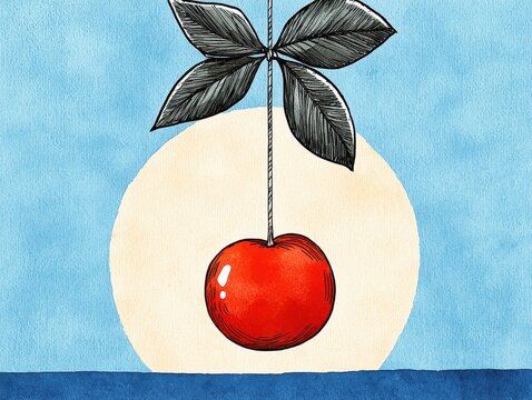 Bright Red Cherry Hanging with Leaves Against Soft Blue Background