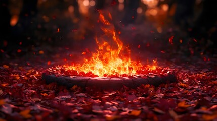 Fototapeta premium A fire is burning in a circle of leaves