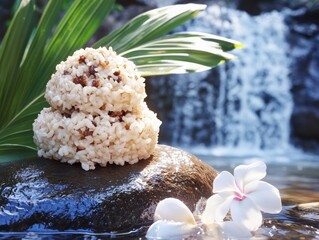 Crafting Aromatic Rice Pilaf On River Stones Food Presentation Lush Nature Close-Up Culinary Delight