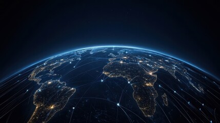 A digital view of Earth from space, showcasing illuminated continents against a dark background, highlighting urban areas and geographical features.