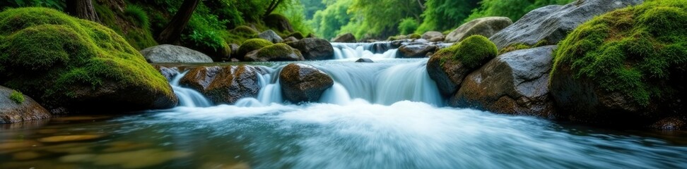 Fototapeta premium Serene river waters cascading over mossy rocks, waters, flooding, mossy