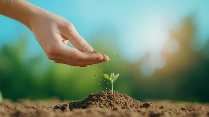 Fototapeta premium Nutrient rich soil is prepared as tiny seeds fall from a careful hand into fresh earth during planting season in a serene garden environment