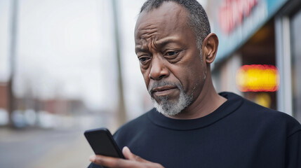 Naklejka premium Middle aged African American man outside pawn shop checking phone, expressing concern in a troubled moment during uncertain times