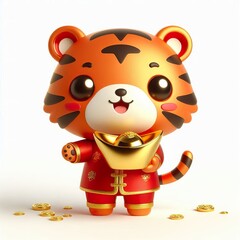 3D Chinese New Year cute gold red happy lucky tiger character holds an Ingot on a white background
