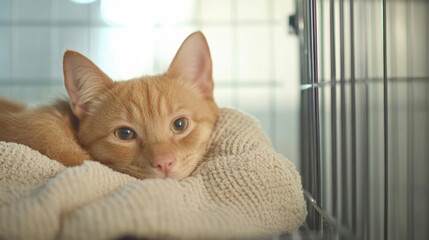 Soft blanket and recovery cone beside a resting cat in a bright veterinary clinic during a healing process