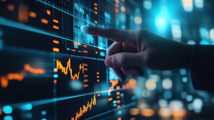 Close up of businessman finger pointing at various forex screens on blurry background. Cryptocurrency, bticoin trading and finance concept. Double exposure