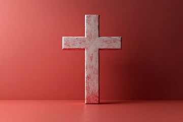 Naklejka premium Rustic wooden cross standing against a minimalist red background, evoking themes of faith and spirituality