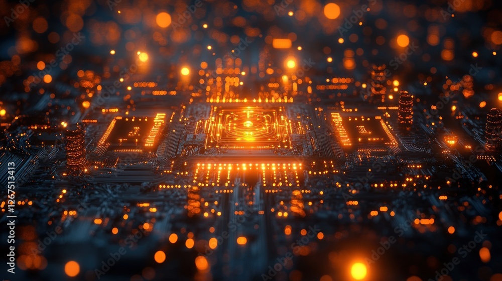 Poster futuristic circuit board with glowing components, urban cityscape bokeh background. possible use tec