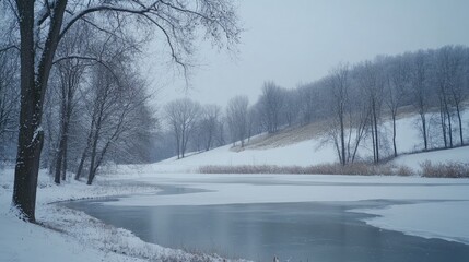 Fototapeta premium Frozen Winter Pond Surrounded by Snowy Trees