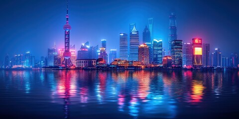 Fototapeta premium Bright city lights illuminate the Shanghai skyline at night with colorful reflections on the water