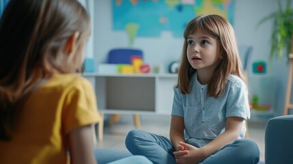 A professional child education therapist having a meeting with a kid in a family support center.
