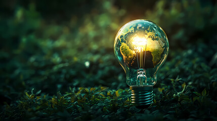 Eco-friendly Light Bulb Reflecting Earth in Green Surroundings