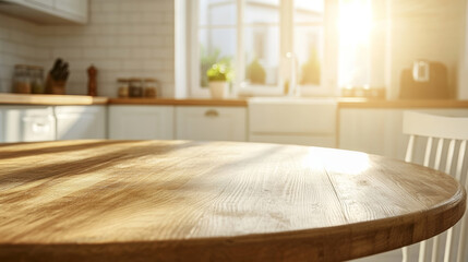 Bright morning light illuminates a simple kitchen chair next to a wooden dining table in a cozy kitchen setting