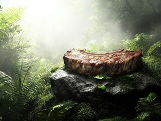 Savoring Kobe Strip Steak Volcanic Stone Setting Culinary Delight Lush Fern Environment Gourmet Experience