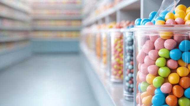 Colorful bulk candy bins fill the aisle of a candy store with bright pastel treats against a light gray blue background