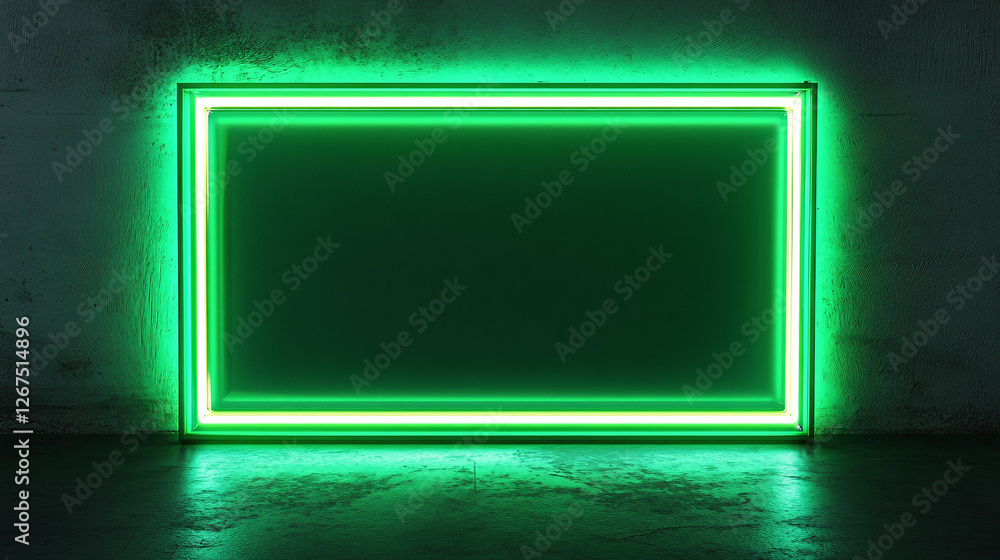 Poster a bright neon green rectangular frame glowing on a dark wall creating a futuristic and high-tech atm