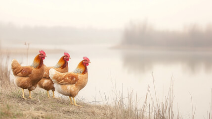 Fototapeta premium Hens grazing on grass by a tranquil pond in a soft rural landscape during the early morning light