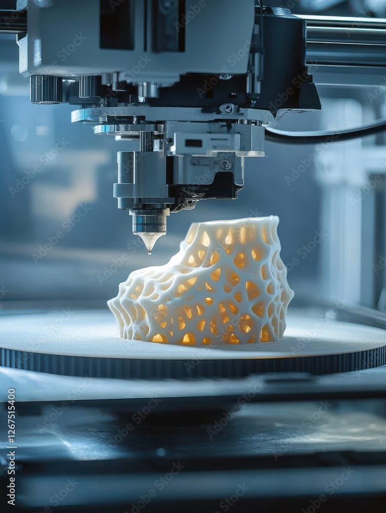Poster futuristic 3d printer creating complex form in a high-tech manufacturing environment