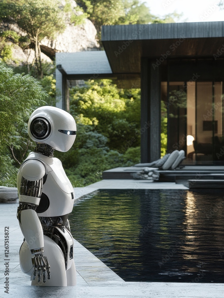 Poster ai robot helper servant by pool in luxury modern design home. generative ai.