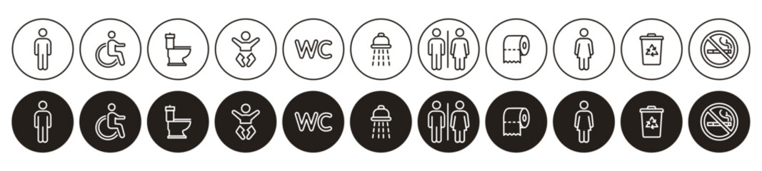 WC icon set, Toilet sign, containing bathroom, restroom, men and women, disabled, dumpster, toilet paper, infant, no smoking, shower, vector illustration
