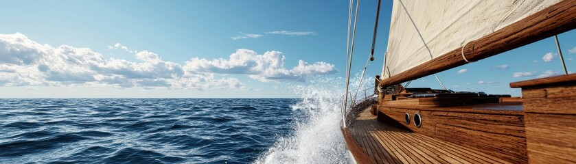 Obraz premium Scenic View of Sailboat Cutting Through Calm Ocean Waters Under Bright Blue Sky and Fluffy Clouds