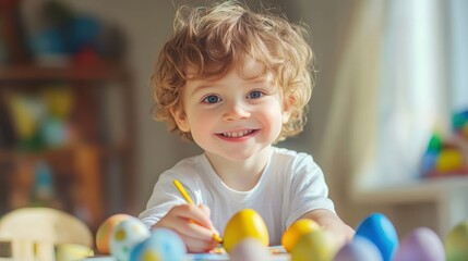 Fototapeta premium Cute little boy painting Easter eggs. Happy child with Easter eggs