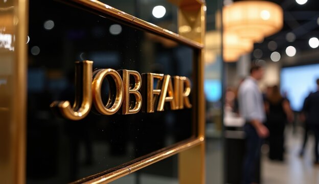 Elegant job fair sign with golden letters in a sophisticated event setting
