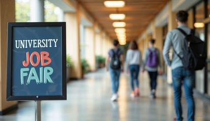 University job fair sign in a corridor with students walking in the background