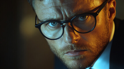 A serious man with glasses and a tie, leaning forward, his face filled with deep thought or concern.