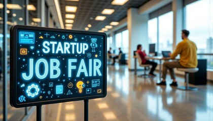 Illuminated startup job fair sign with graphic icons in a modern workspace